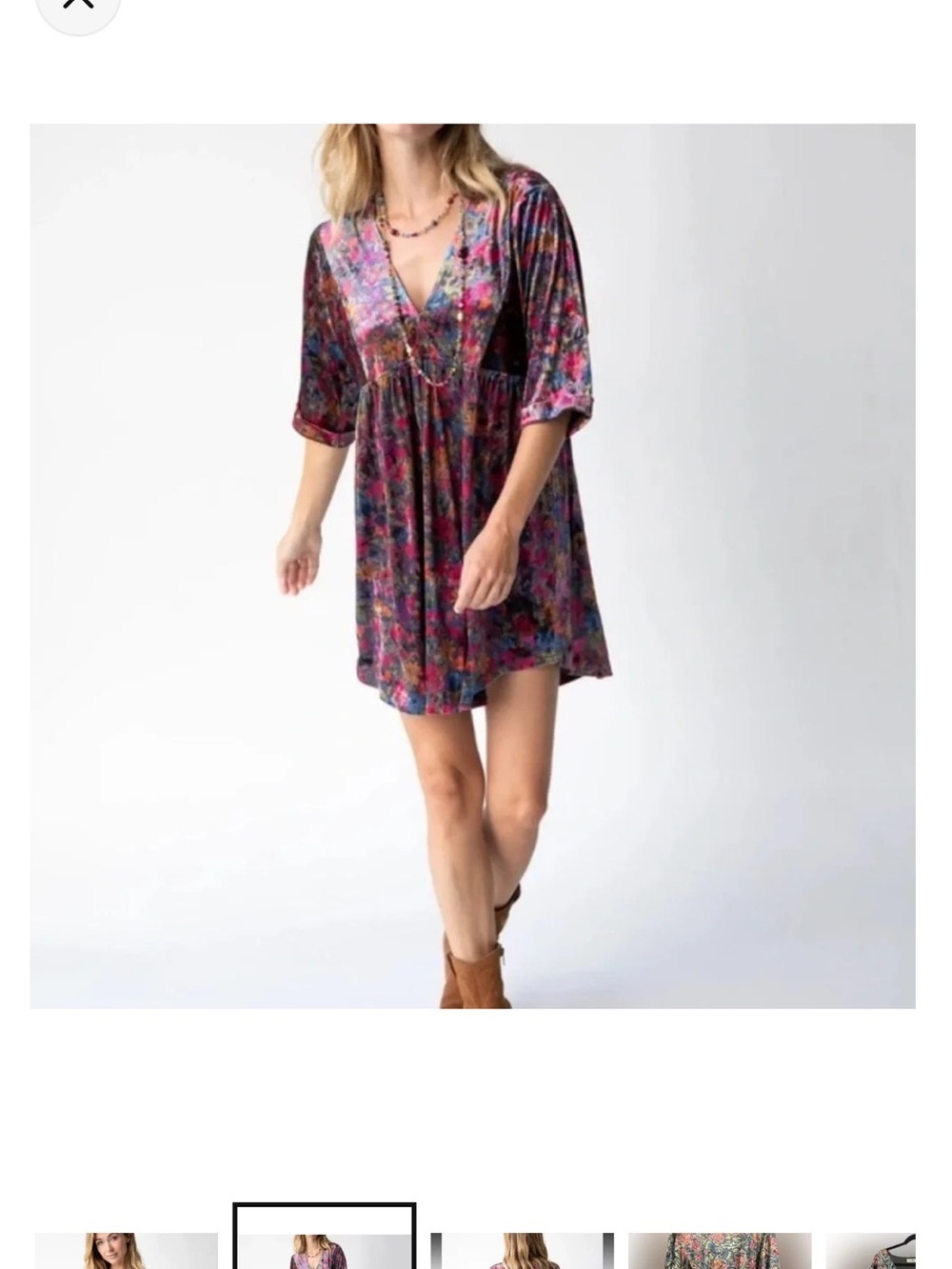 NATURAL LIFE Velvet Floral V-Neck Mini Dress - Burgundy & Pink